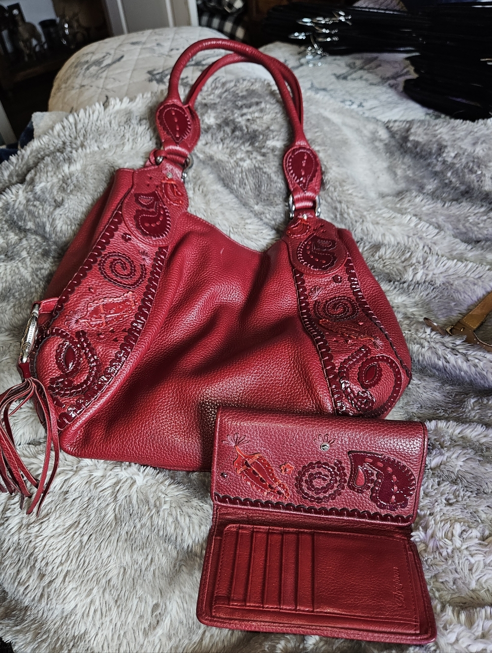 Brighton Red Leather Women's Shoulder Bag with Matching Wallet